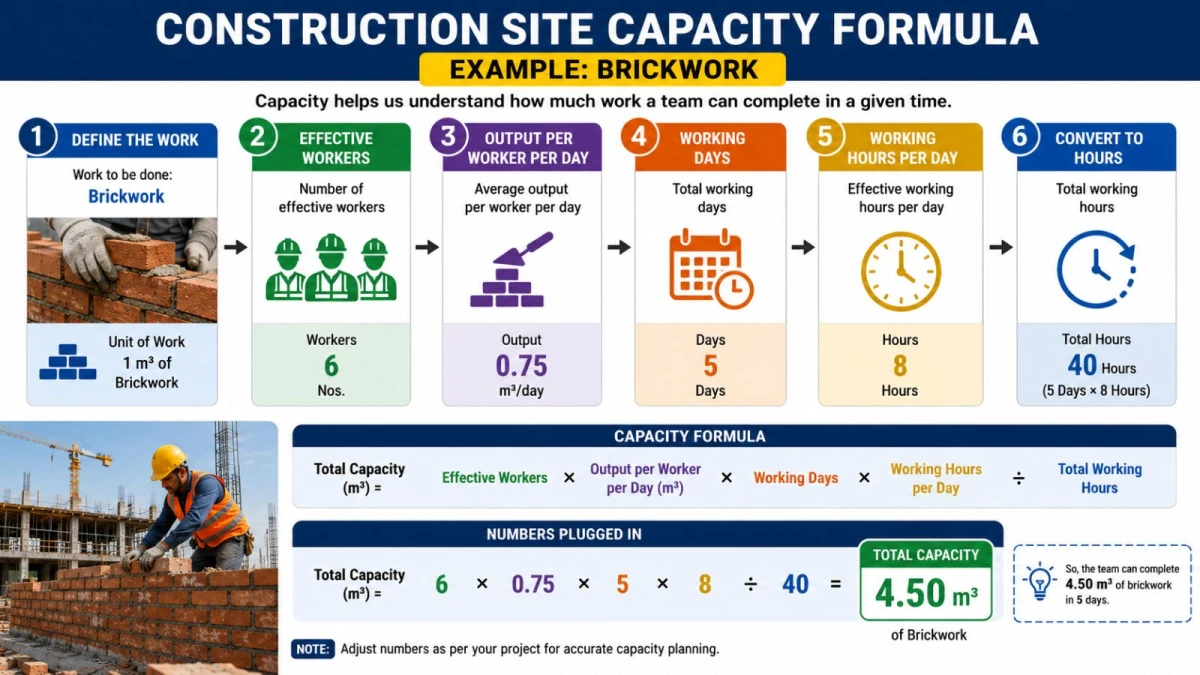 Construction site capacity formula example with brickwork calculation