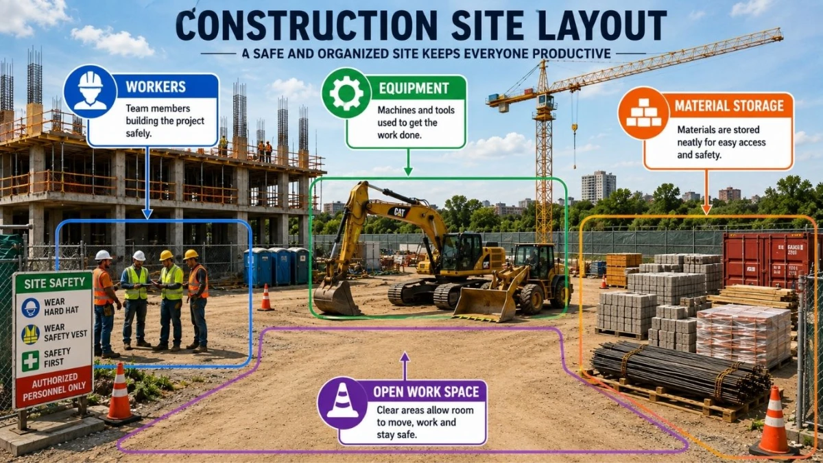 Construction site layout showing capacity planning areas for beginners