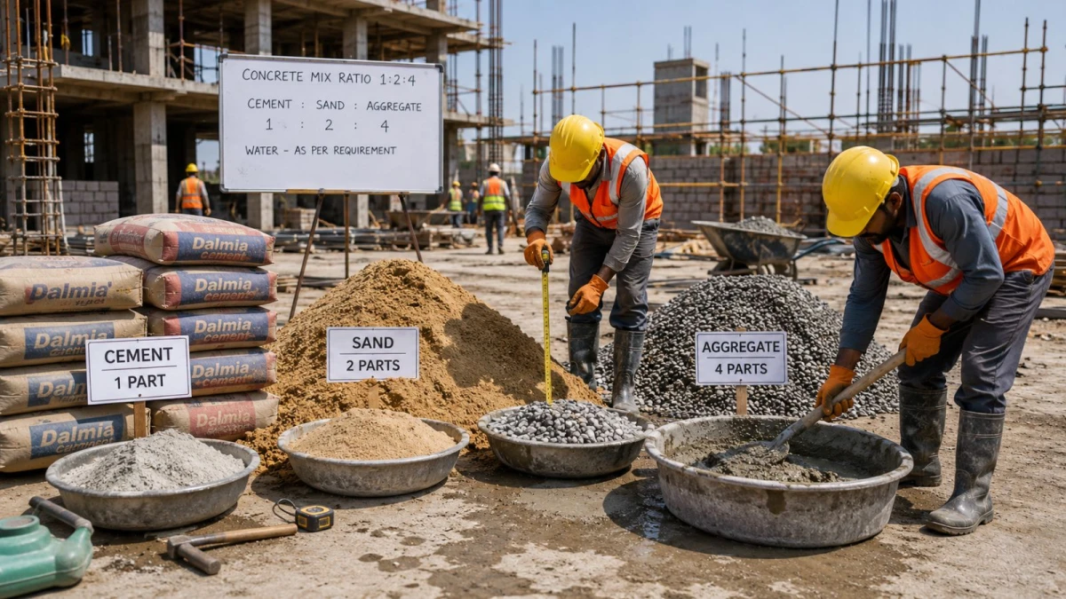 Construction site materials ready for dry volume concrete mixing