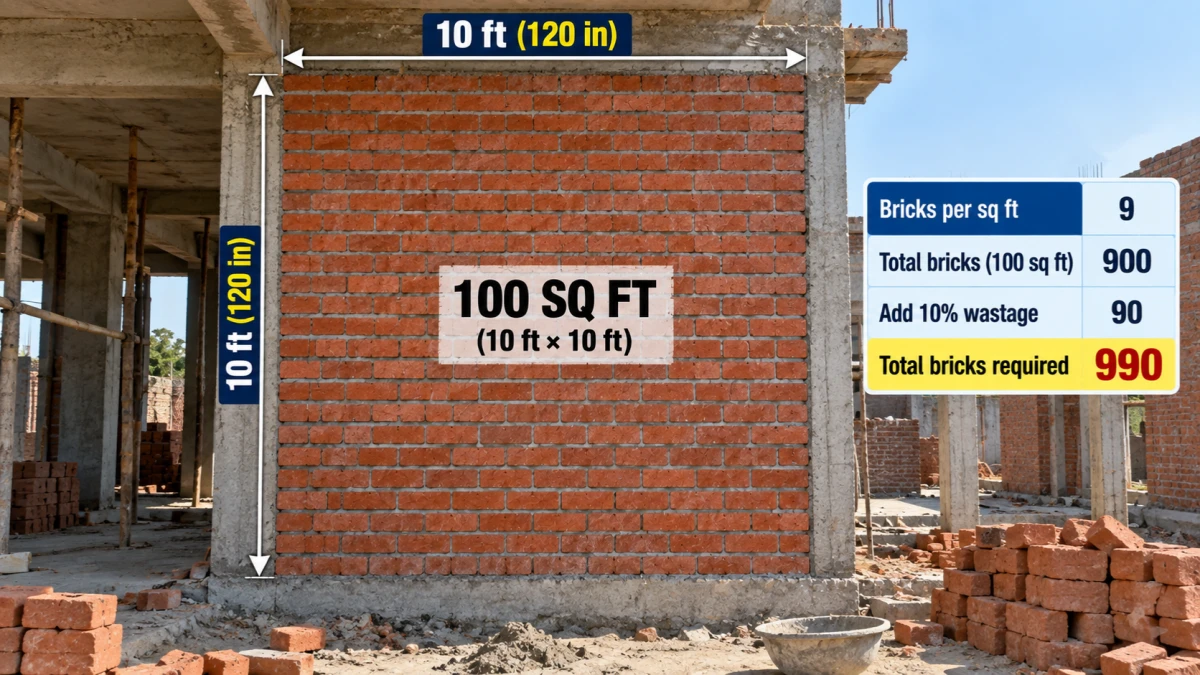 100 square feet 9 inch wall brick calculation example showing 900 bricks