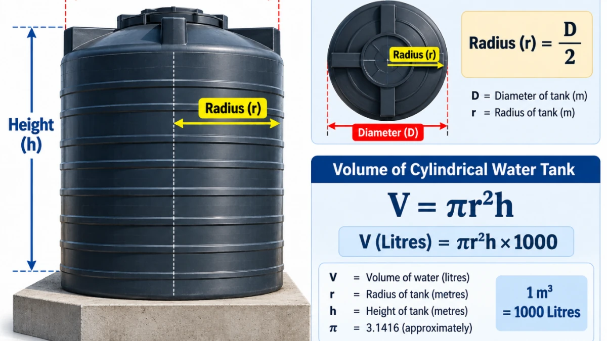 A circular overhead tank has an internal diameter of 1.5 m and an internal height of 1.8 m. Find the capacity in litres.