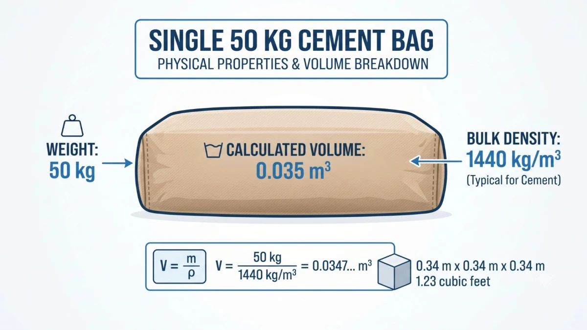 Diagram showing volume and weight calculations for a standard cement bag.