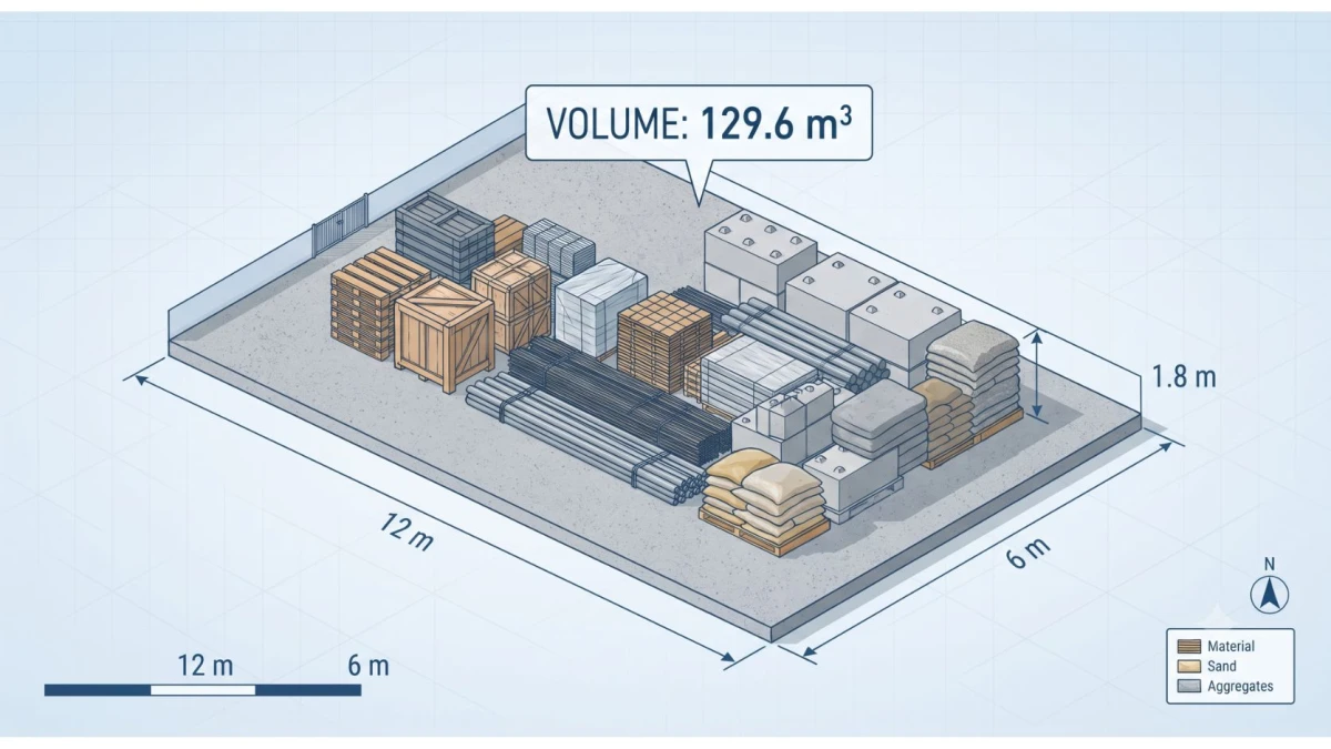 Material storage capacity calculation diagram 129.6 cubic metres