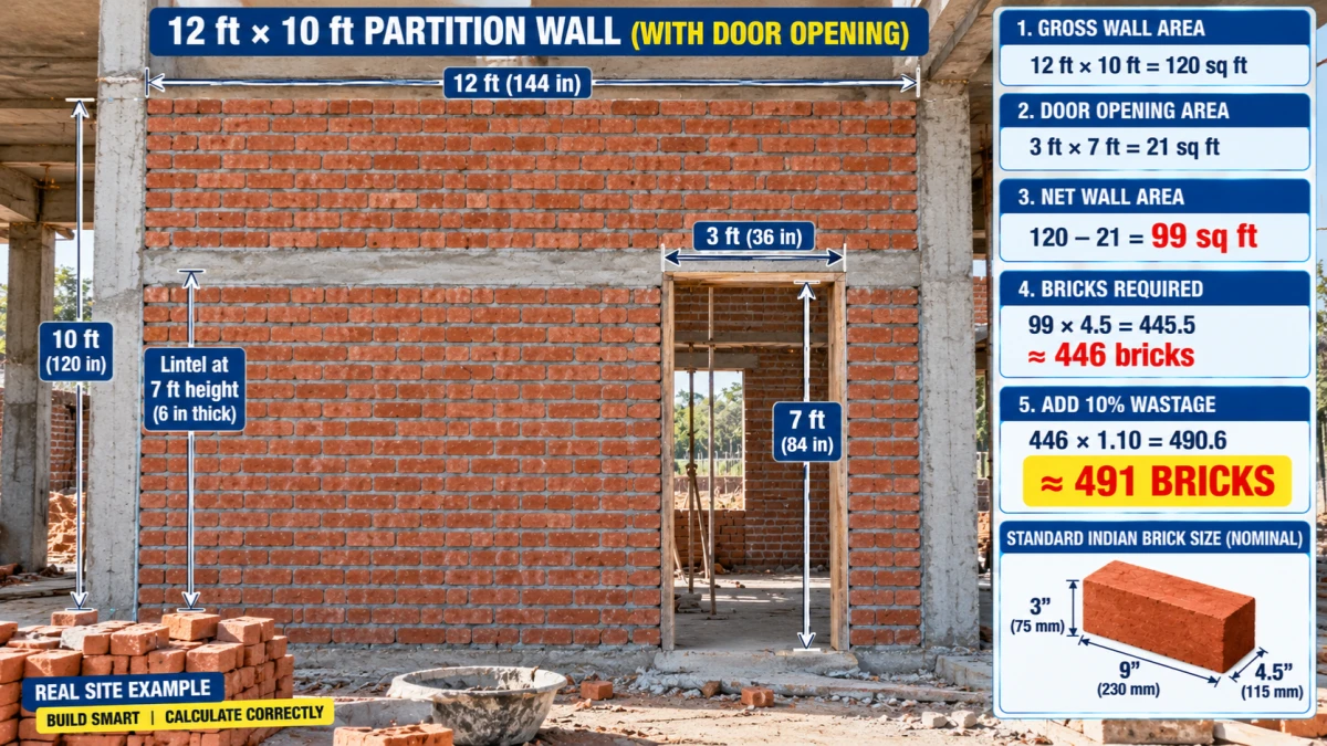 Partition wall brick calculation with door opening deduction example