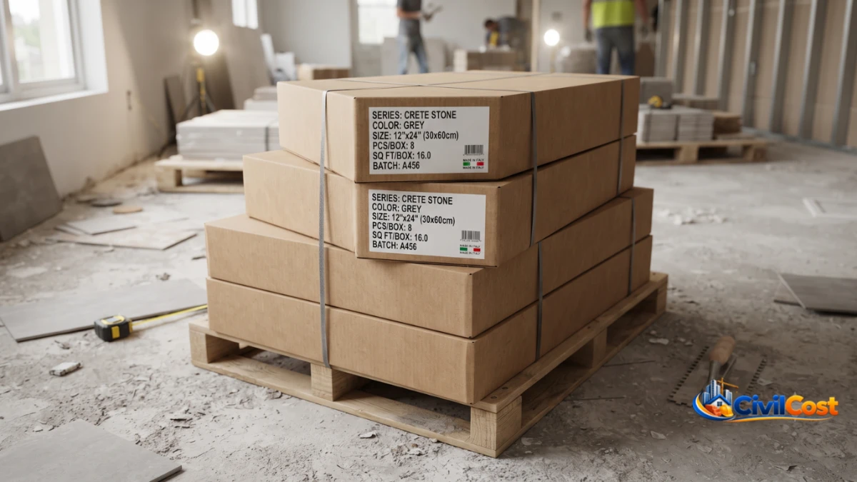 Stacked boxes of floor tiles ready for installation.