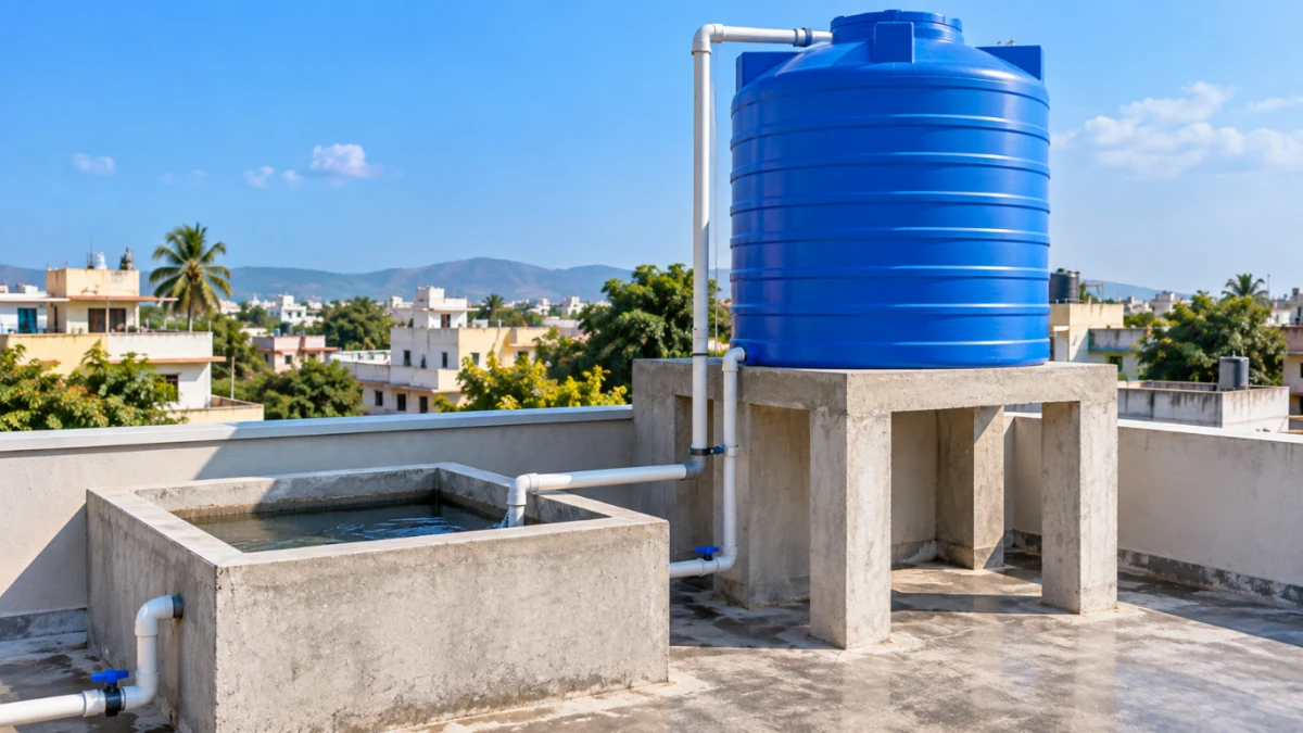 Rooftop water tank and underground sump used to calculate water tank capacity in litres