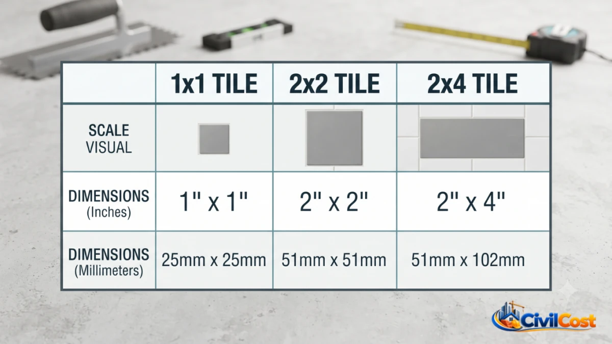 Comparison chart of standard floor tile sizes and coverage area.