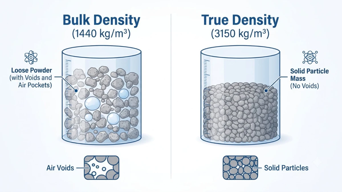 Comparison chart illustrating bulk density versus true density of cement.