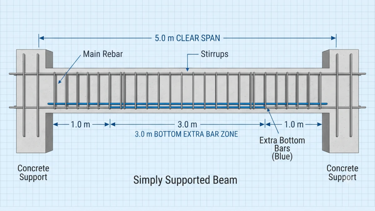 Simply supported beam showing bottom extra bar length of 3 metres