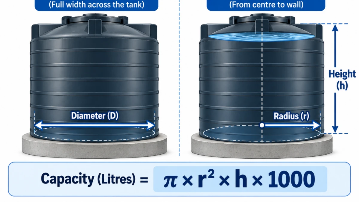Diagram showing radius and height used in round water tank capacity calculation formula