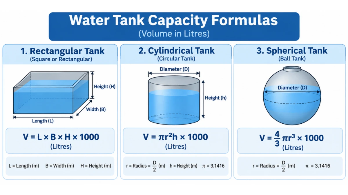 Comparison table of rectangular, cylindrical, and spherical water tank capacity formulas