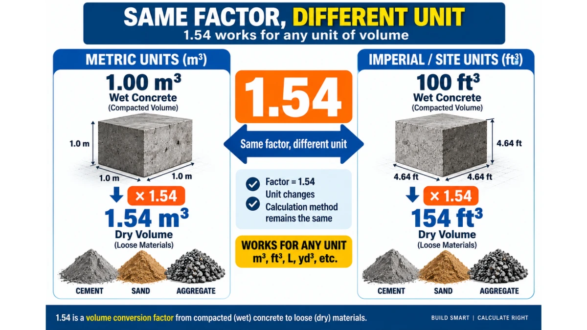 1.54 dry volume factor comparison for concrete in cubic metres and cubic feet