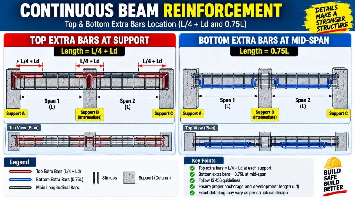 Comparison of top extra bars and bottom extra bars positions in RCC beam