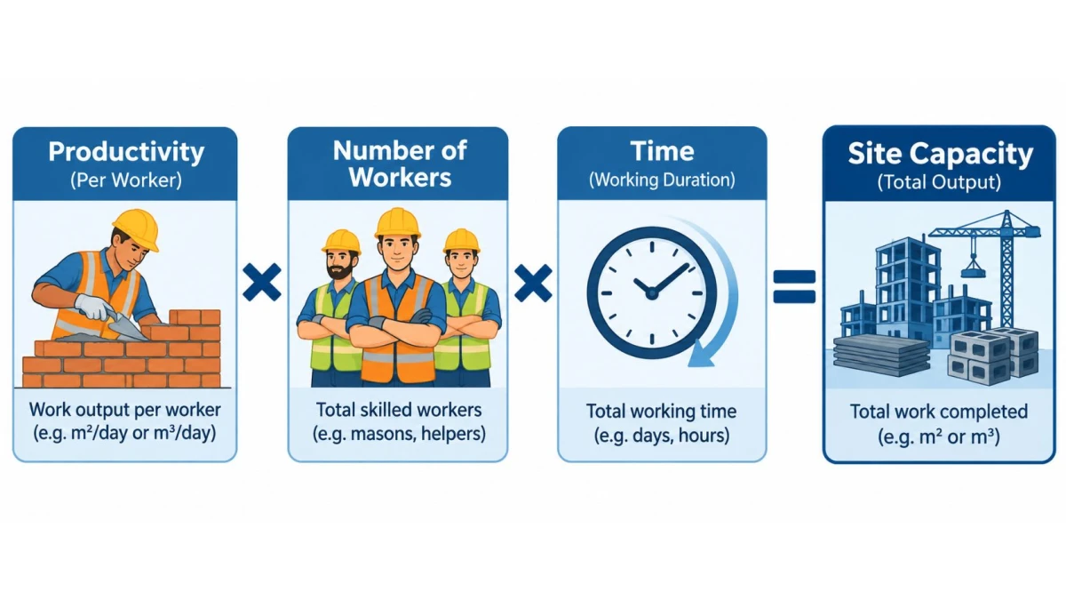 Construction site capacity formula showing Productivity times Workers times Time