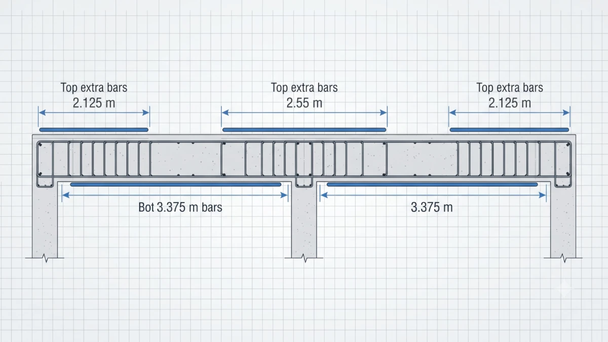 Continuous beam extra bar length calculation diagram with SP 34 dimensions