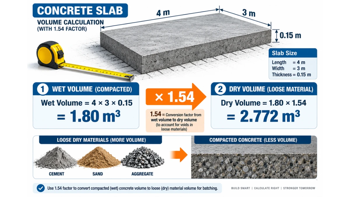 Concrete slab dry volume calculation using 1.54 factor from 1.80 m³ wet volume
