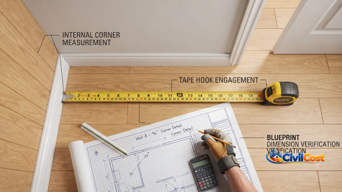 Measuring room dimensions with a tape for floor tile calculation.
