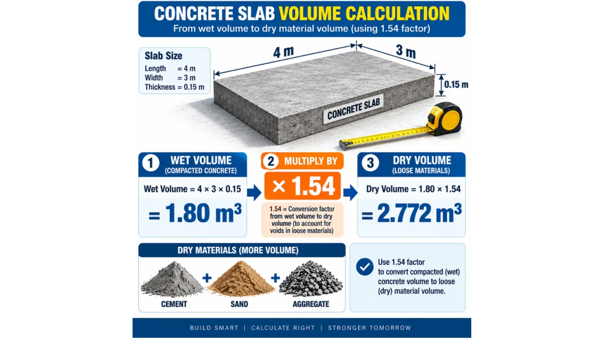4 m by 3 m concrete slab dry volume calculation using 1.54 factor