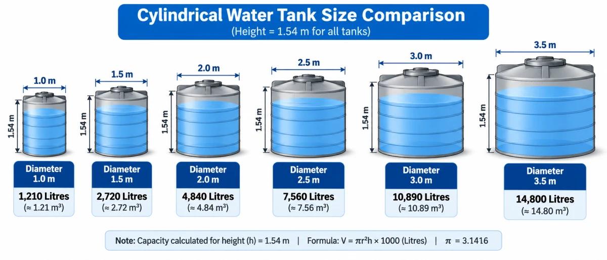 Visual comparison of common round water tank sizes and their capacities in litres