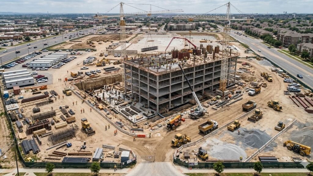 Active construction site with machinery and workers