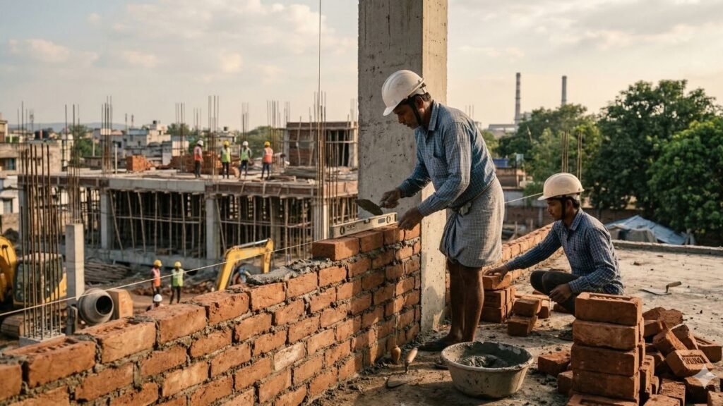 Workers constructing a brick wall.