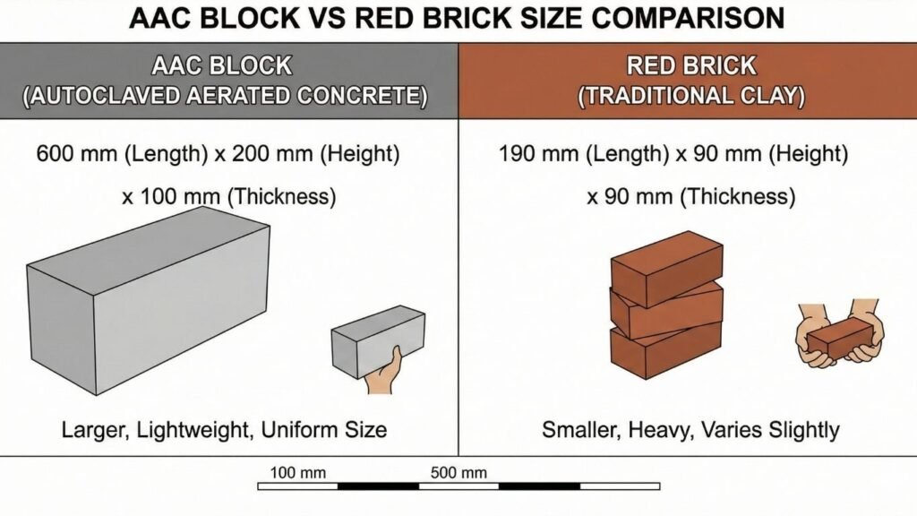 What Is AAC Block ? Advantages & Disadvantages Guide 2 AAC block size vs red brick size comparison